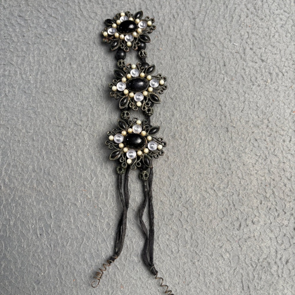 Vintage Floral Medallion Statement Piece Black Rhinestone Faux Pearl Brooch 9.5"